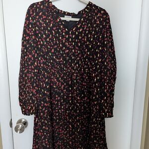 J. Crew Black V-Neck Dress with Red Floral and Gold Accents